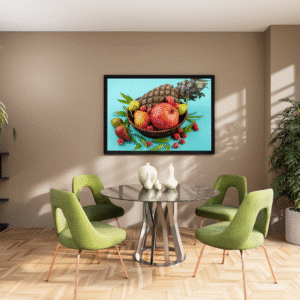 side-view-of-fruits-as-pineapple-pomegranate-peach-raspberry-in-basket-with-leaves-on-blue-background