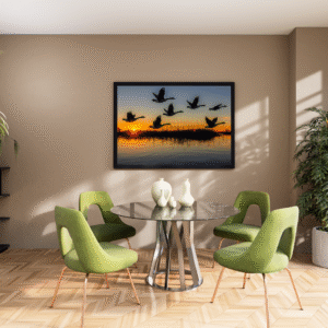 group-geese-flying-silhouette-against-backdrop-orange-sunset-water-with-tall