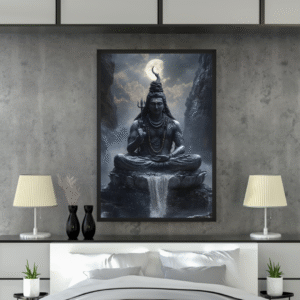 lord-shiva-meditation-pose-on-mountain-at-night-with-moon-and-rain