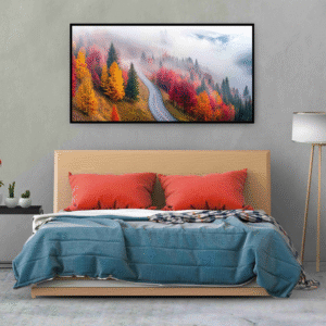 autumn-mountain-road-landscape-painting-frame-misty-forest-scenery