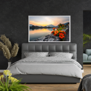 serene-sunset-lake-landscape-with-orange-flowers-wall-art-frame