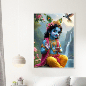 bal-krishna-sitting-on-lotus-pond-with-waterfall